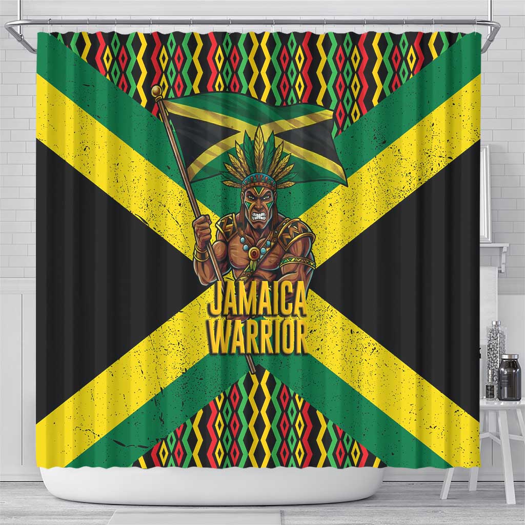 Black Jamaicans Warrior Spirit Shower Curtain Tribal Fighter in Reggae Colors - African Pride
