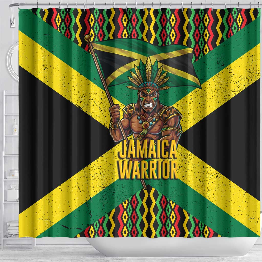 Black Jamaicans Warrior Spirit Shower Curtain Tribal Fighter in Reggae Colors - African Pride
