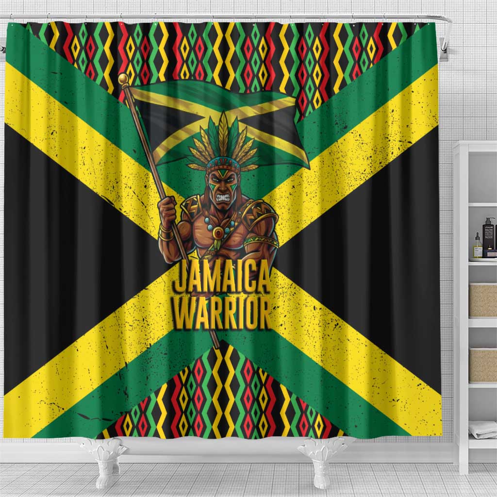 Black Jamaicans Warrior Spirit Shower Curtain Tribal Fighter in Reggae Colors - African Pride