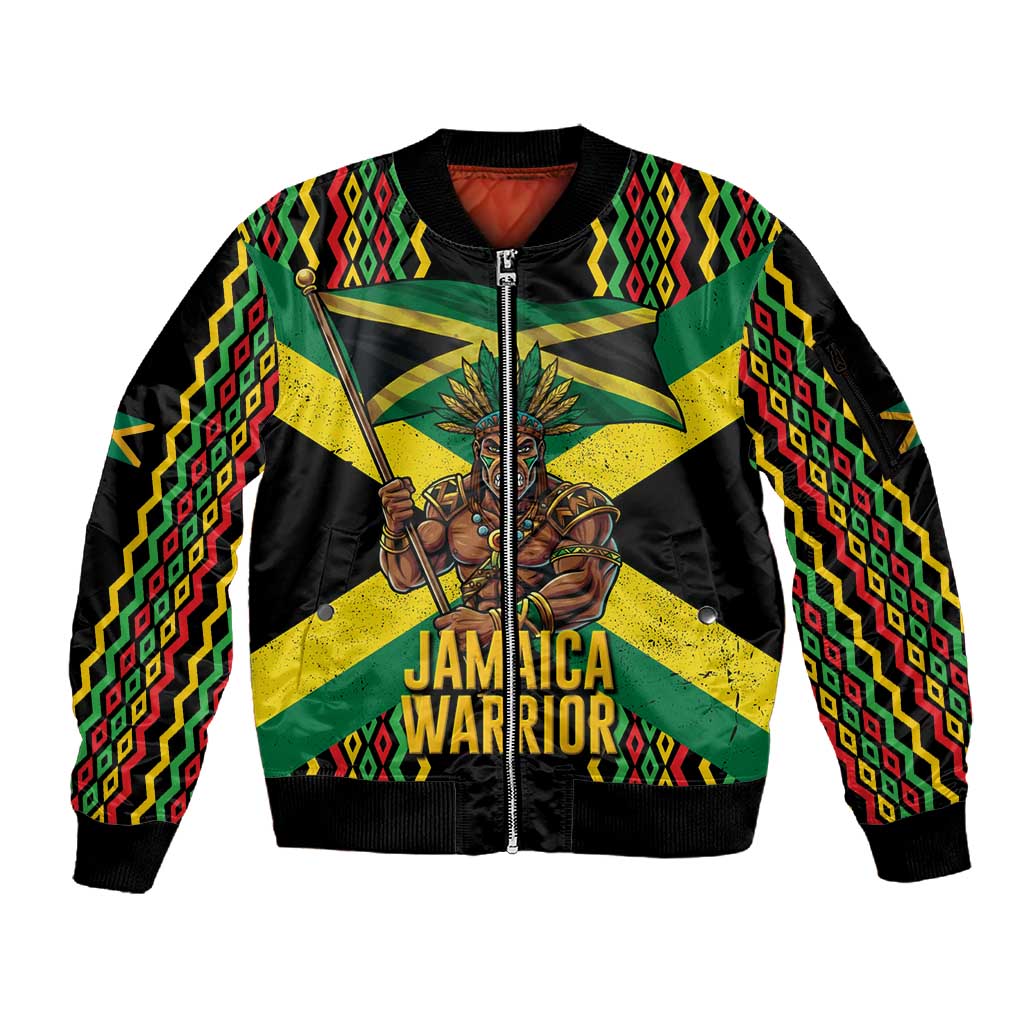 Black Jamaicans Warrior Spirit Sleeve Zip Bomber Jacket Tribal Fighter in Reggae Colors - African Pride