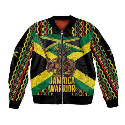 Black Jamaicans Warrior Spirit Sleeve Zip Bomber Jacket Tribal Fighter in Reggae Colors - African Pride