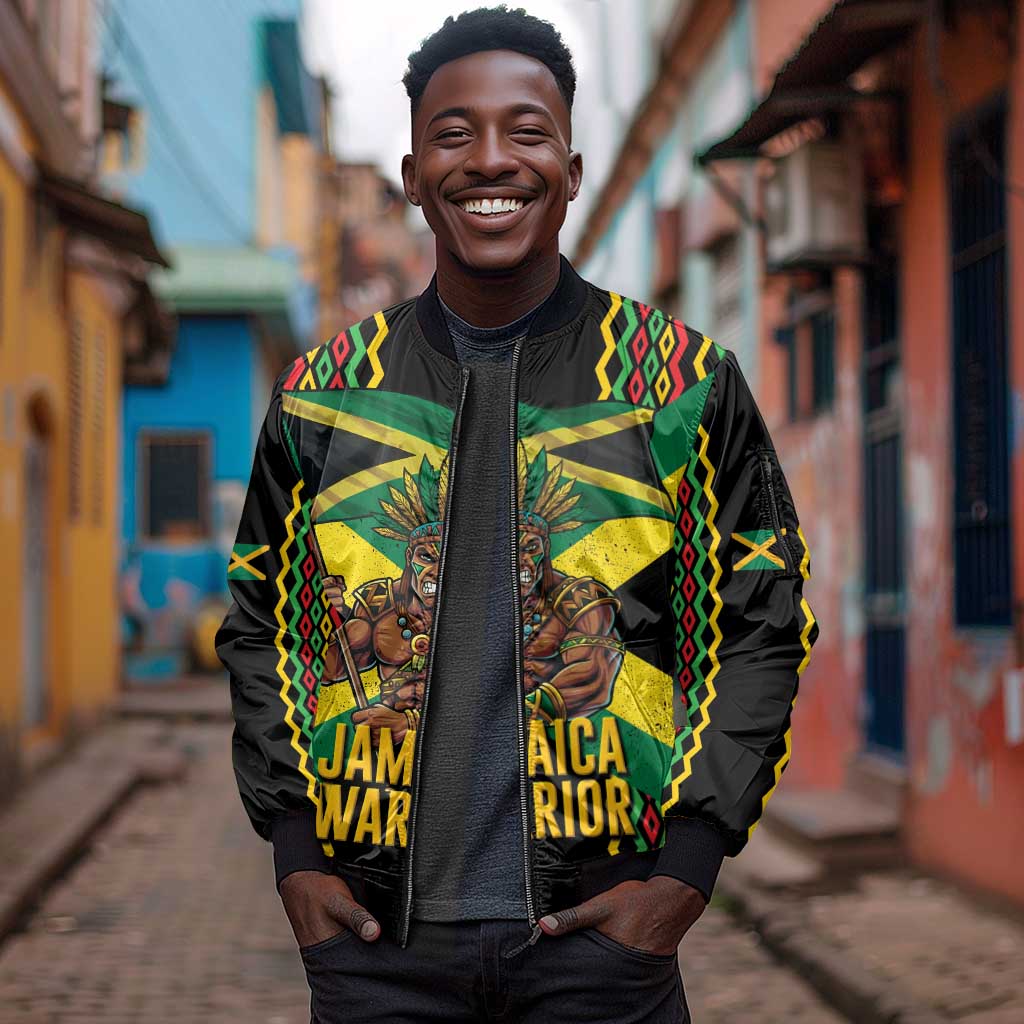 Black Jamaicans Warrior Spirit Sleeve Zip Bomber Jacket Tribal Fighter in Reggae Colors - African Pride