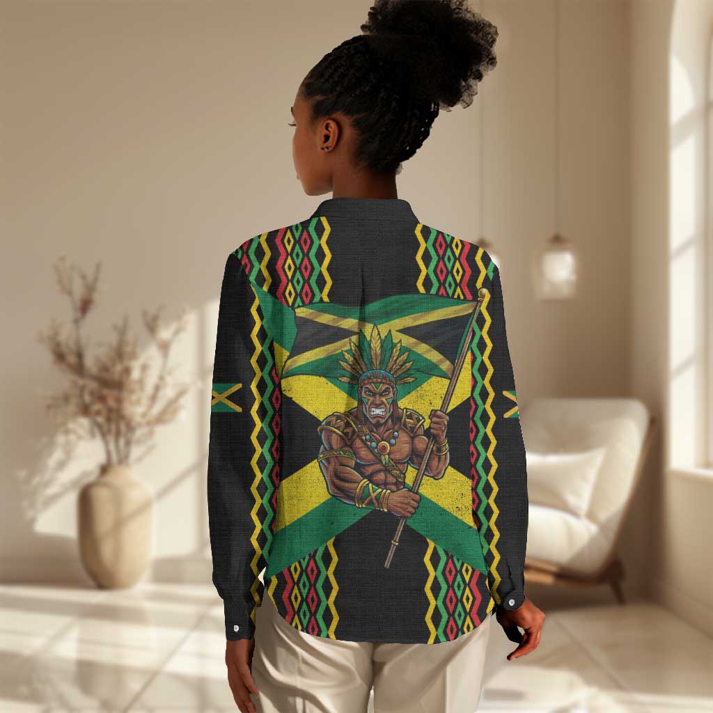 Black Jamaicans Warrior Spirit Women Casual Shirt Tribal Fighter in Reggae Colors - African Pride