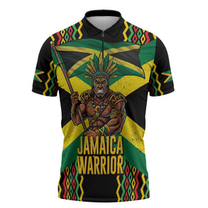 Black Jamaicans Warrior Spirit Zipper Polo Shirt Tribal Fighter in Reggae Colors