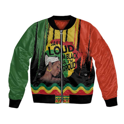 Black History Dreadlocks Map Bomber Jacket Say It Loud I’m Black and I’m Proud - African Pride