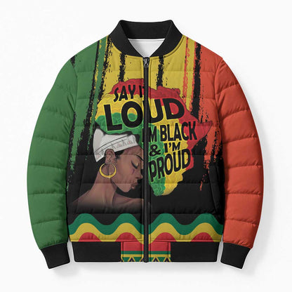 Black History Dreadlocks Map Bomber Puffer Jacket Say It Loud I’m Black and I’m Proud - African Pride