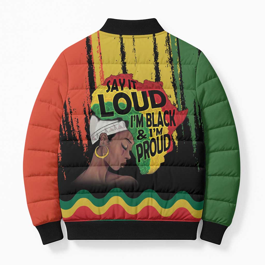Black History Dreadlocks Map Bomber Puffer Jacket Say It Loud I’m Black and I’m Proud - African Pride