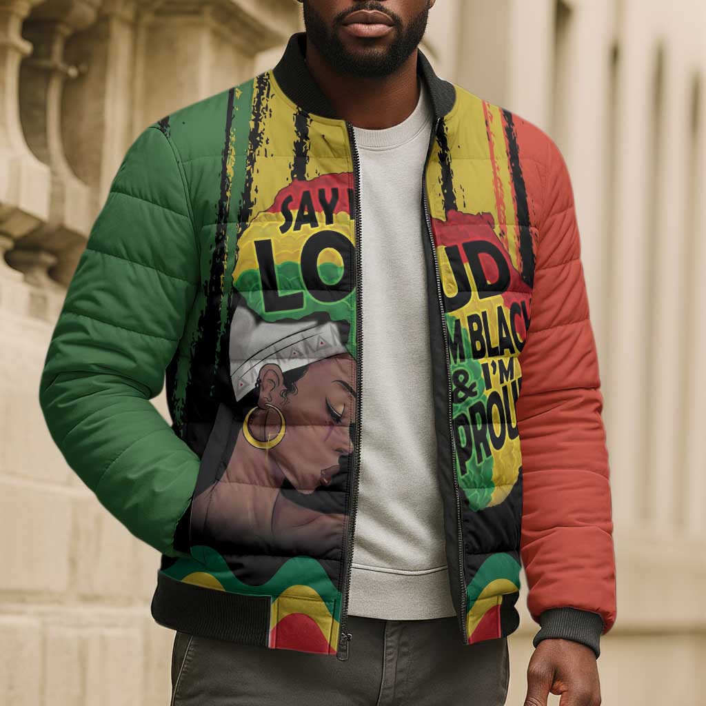Black History Dreadlocks Map Bomber Puffer Jacket Say It Loud I’m Black and I’m Proud - African Pride