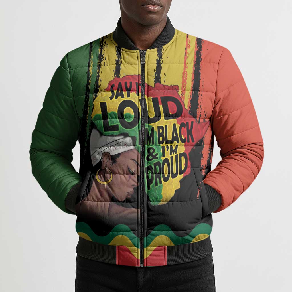 Black History Dreadlocks Map Bomber Puffer Jacket Say It Loud I’m Black and I’m Proud - African Pride