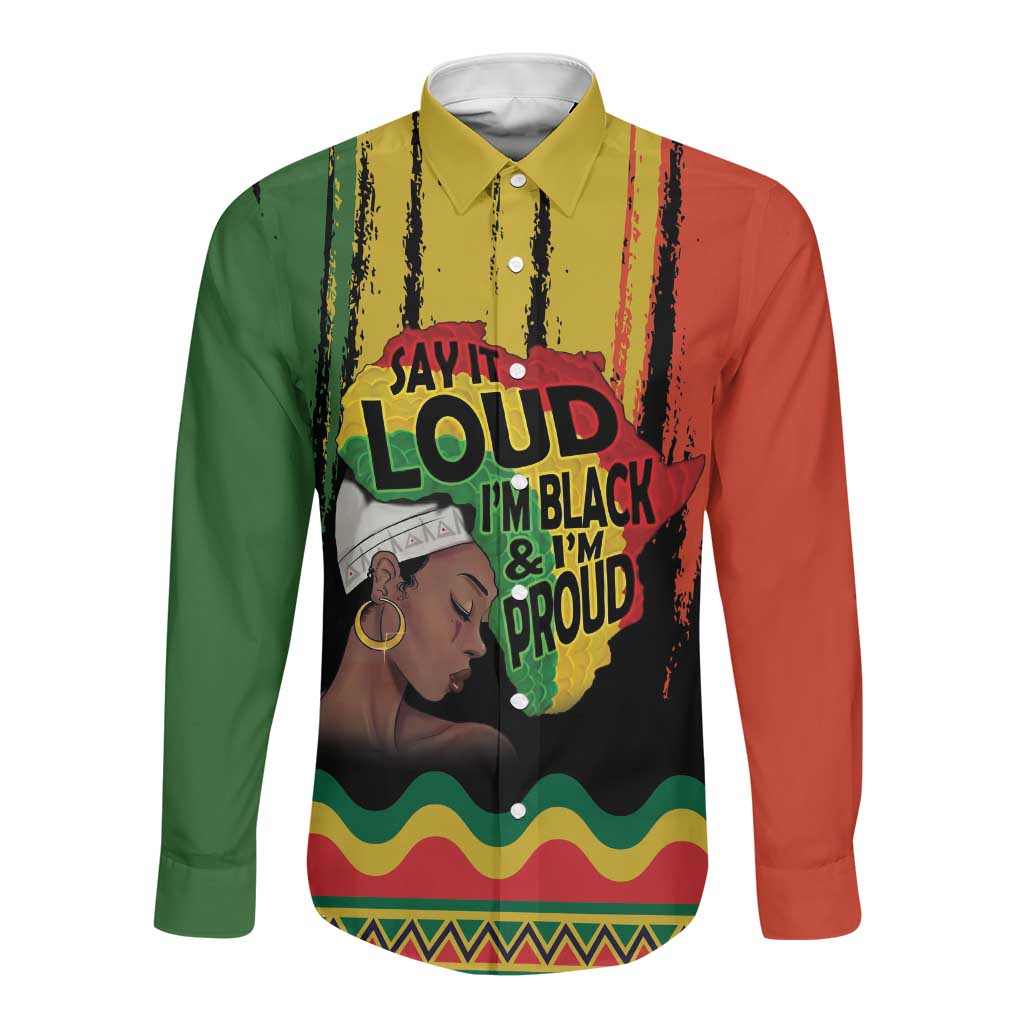 Black History Dreadlocks Map Long Sleeve Button Shirt Say It Loud I’m Black and I’m Proud - African Pride
