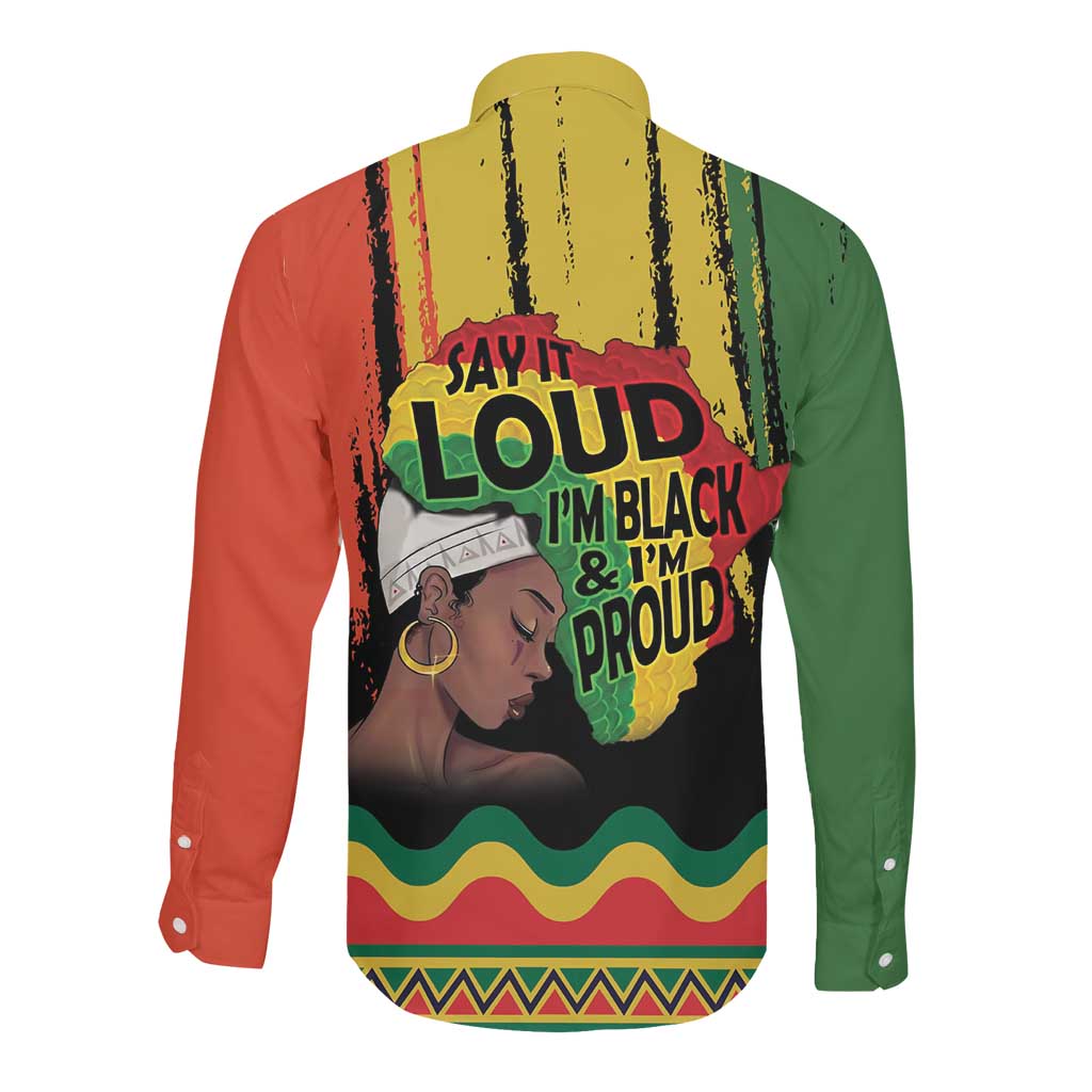 Black History Dreadlocks Map Long Sleeve Button Shirt Say It Loud I’m Black and I’m Proud - African Pride