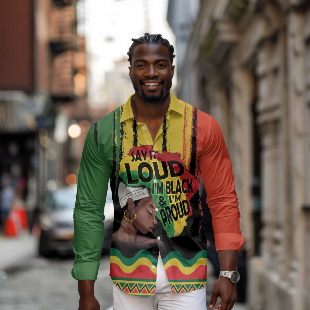 Black History Dreadlocks Map Long Sleeve Button Shirt Say It Loud I’m Black and I’m Proud - African Pride