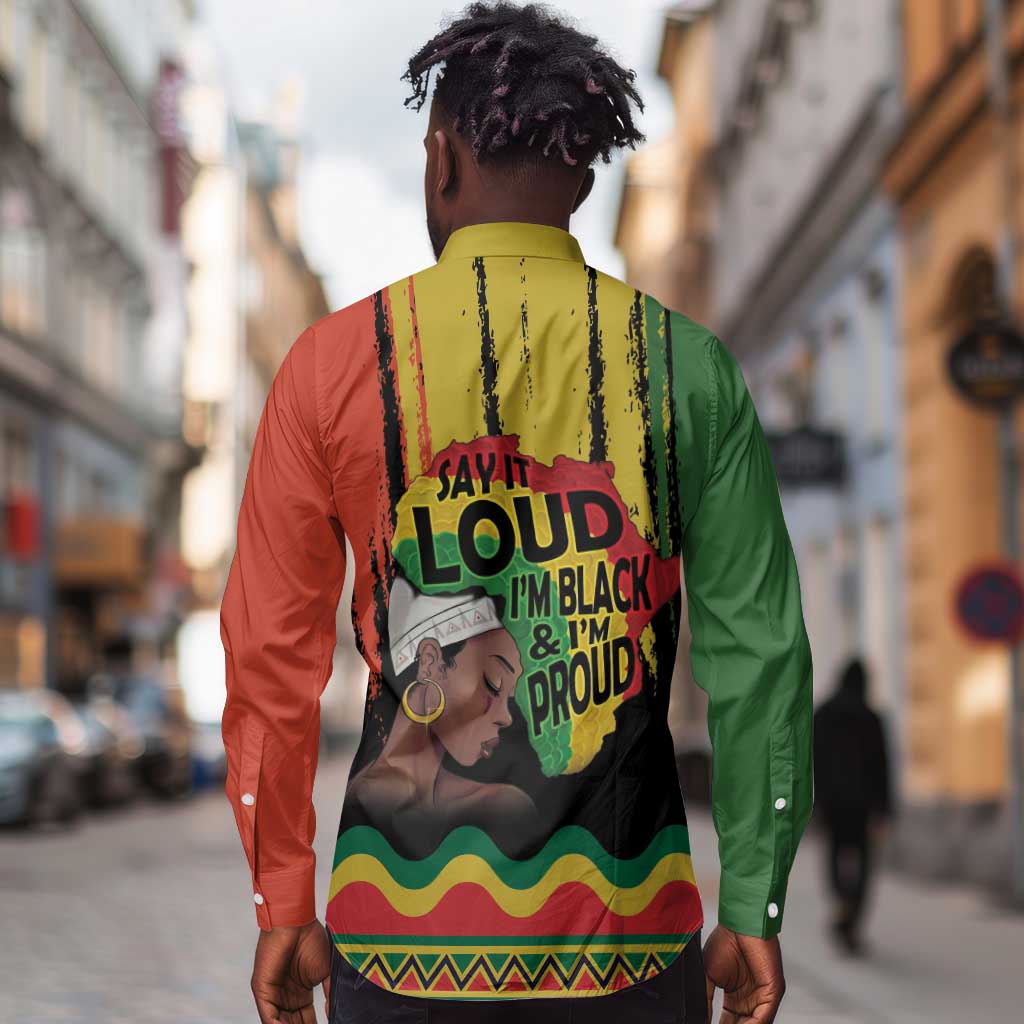 Black History Dreadlocks Map Long Sleeve Button Shirt Say It Loud I’m Black and I’m Proud - African Pride