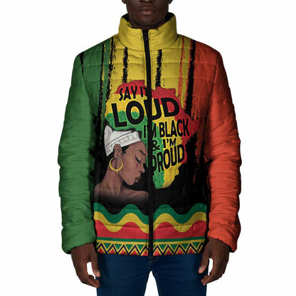 Black History Dreadlocks Map Padded Jacket Say It Loud I’m Black and I’m Proud - African Pride