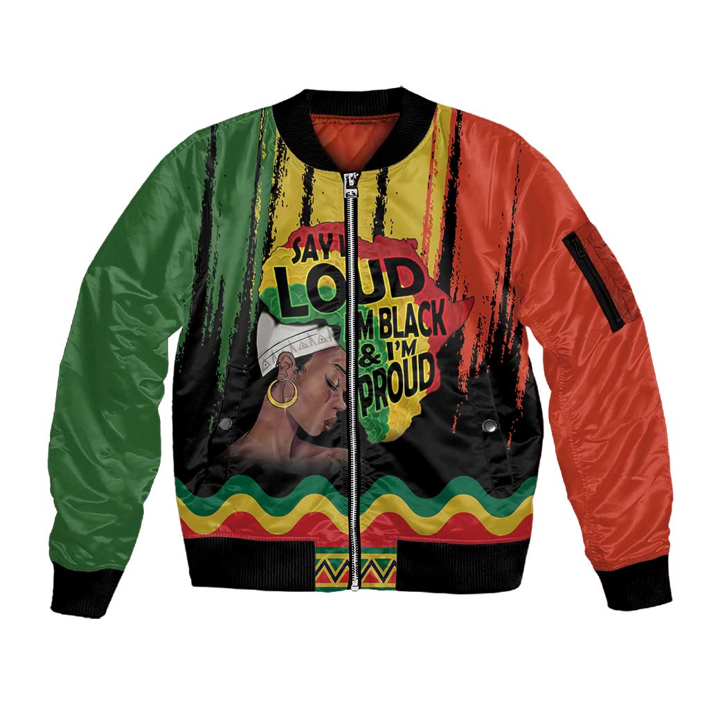Black History Dreadlocks Map Sleeve Zip Bomber Jacket Say It Loud I’m Black and I’m Proud - African Pride