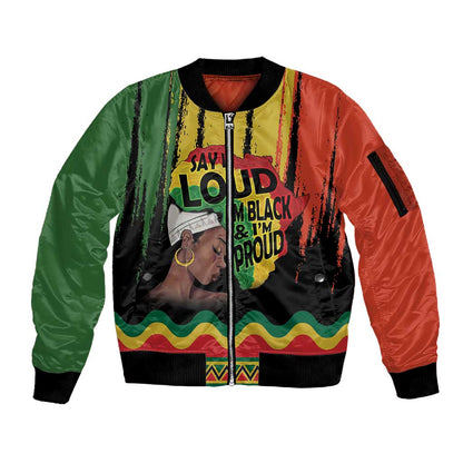 Black History Dreadlocks Map Sleeve Zip Bomber Jacket Say It Loud I’m Black and I’m Proud - African Pride
