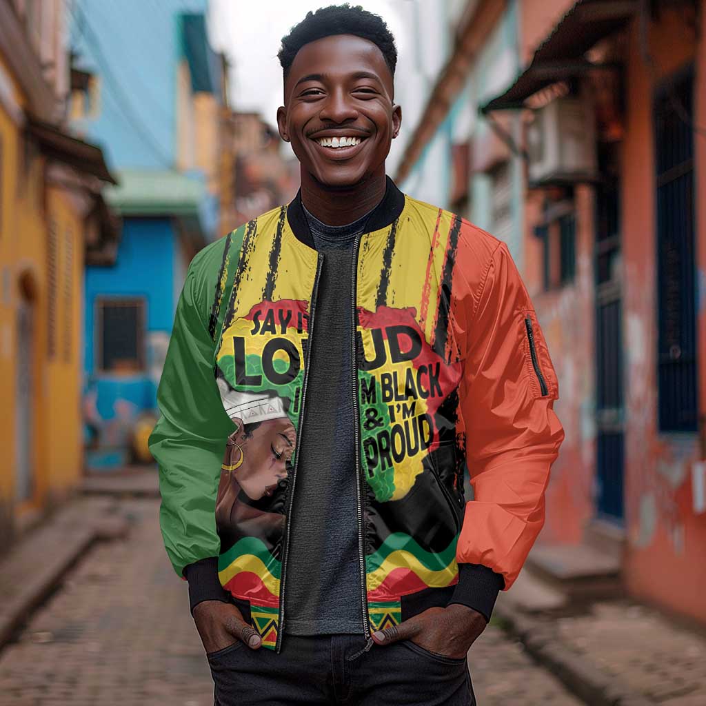 Black History Dreadlocks Map Sleeve Zip Bomber Jacket Say It Loud I’m Black and I’m Proud - African Pride
