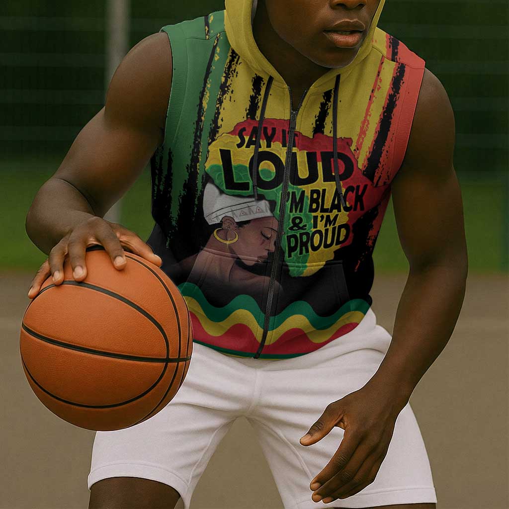 Black History Dreadlocks Map Sleeveless Zip Hoodie Say It Loud I’m Black and I’m Proud - African Pride