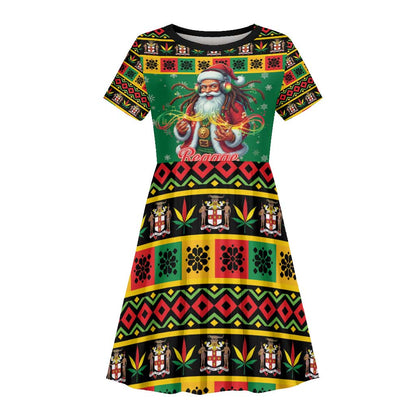 Afro-Jamaicans Christmas Kid Short Sleeve Dress Reggae Santa with Dreadlocks Design - African Pride