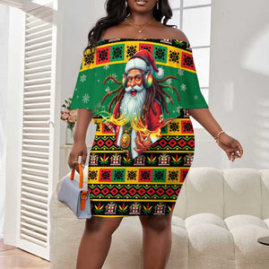 Afro-Jamaicans Christmas Off Shoulder Short Dress Reggae Santa with Dreadlocks Design - African Pride