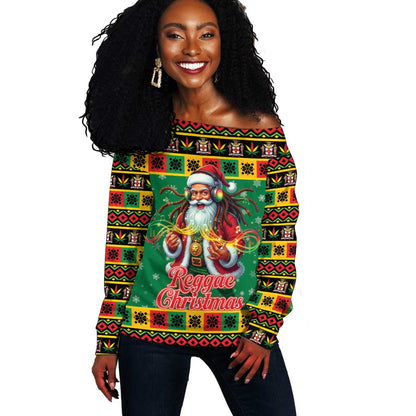 Afro-Jamaicans Christmas Off Shoulder Sweater Reggae Santa with Dreadlocks Design - African Pride