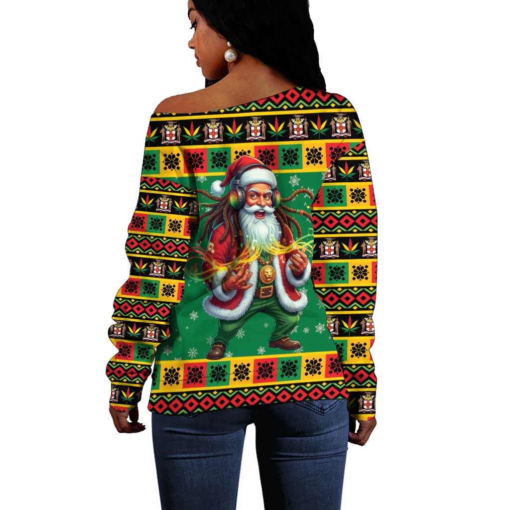 Afro-Jamaicans Christmas Off Shoulder Sweater Reggae Santa with Dreadlocks Design - African Pride