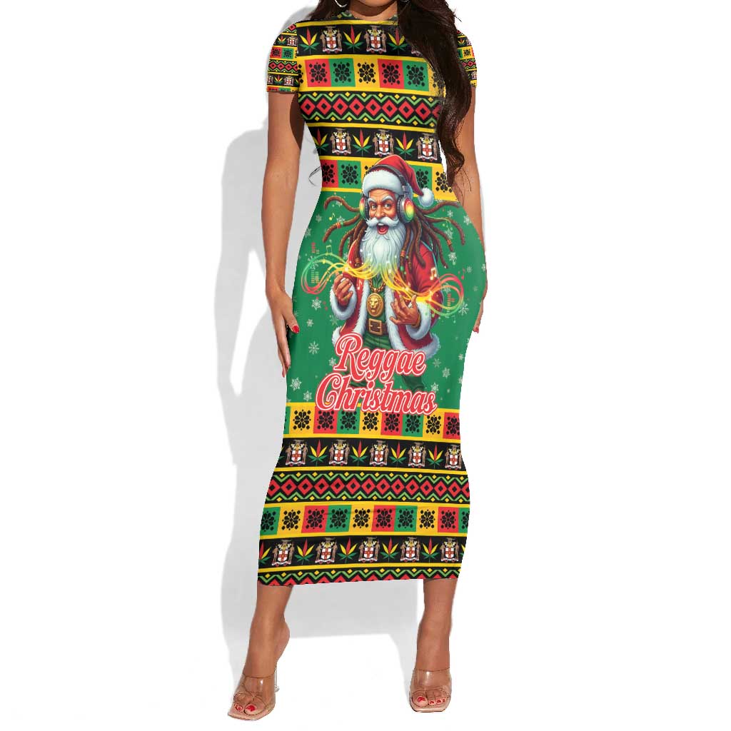 Afro-Jamaicans Christmas Short Sleeve Bodycon Dress Reggae Santa with Dreadlocks Design - African Pride