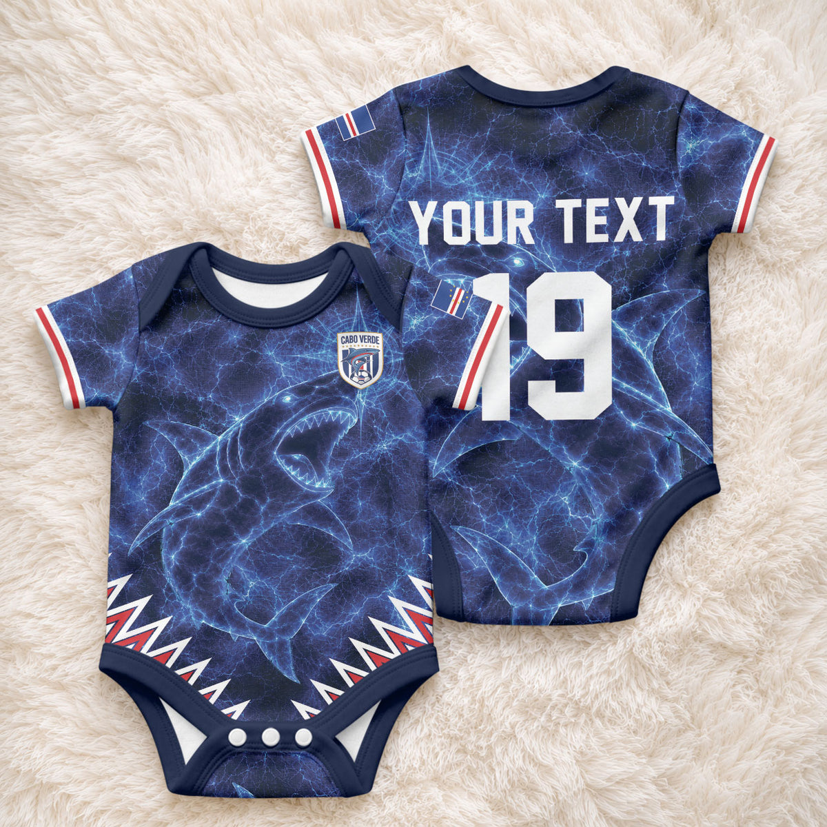 Custom World Football 2026 Cabo Verde Baby Onesie Go Blue Sharks Glory