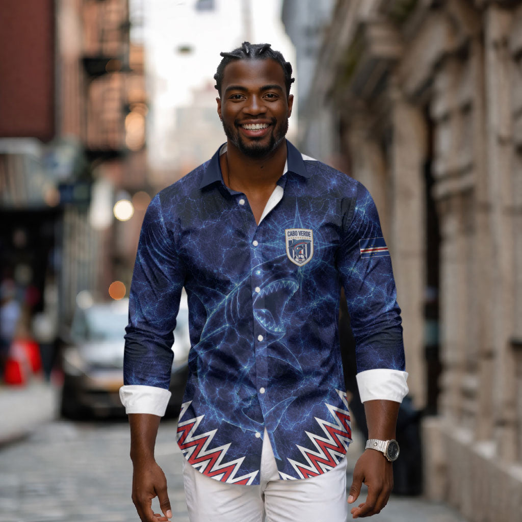 Custom World Football 2026 Cabo Verde Long Sleeve Button Shirt Go Blue Sharks Glory