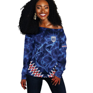 Custom World Football 2026 Cabo Verde Off Shoulder Sweater Go Blue Sharks Glory
