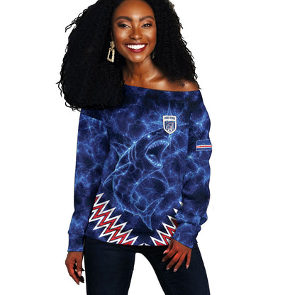 Custom World Football 2026 Cabo Verde Off Shoulder Sweater Go Blue Sharks Glory