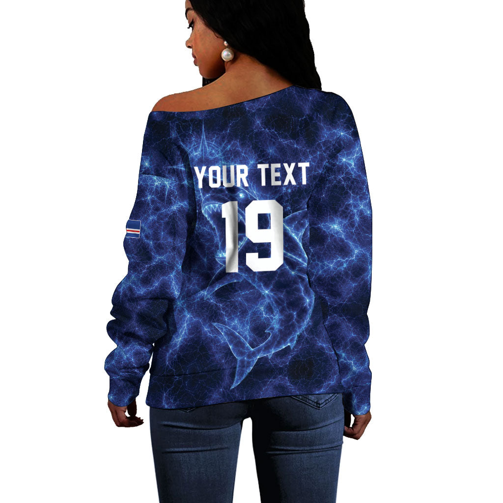 Custom World Football 2026 Cabo Verde Off Shoulder Sweater Go Blue Sharks Glory