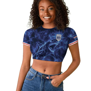 Custom World Football 2026 Cabo Verde Raglan Cropped T shirt Go Blue Sharks Glory