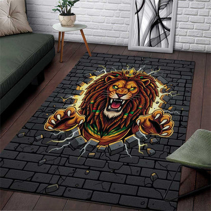 Black Jamaicans Rasta Lion Area Rug Reggae Lion Breaking Wall Design - African Pride