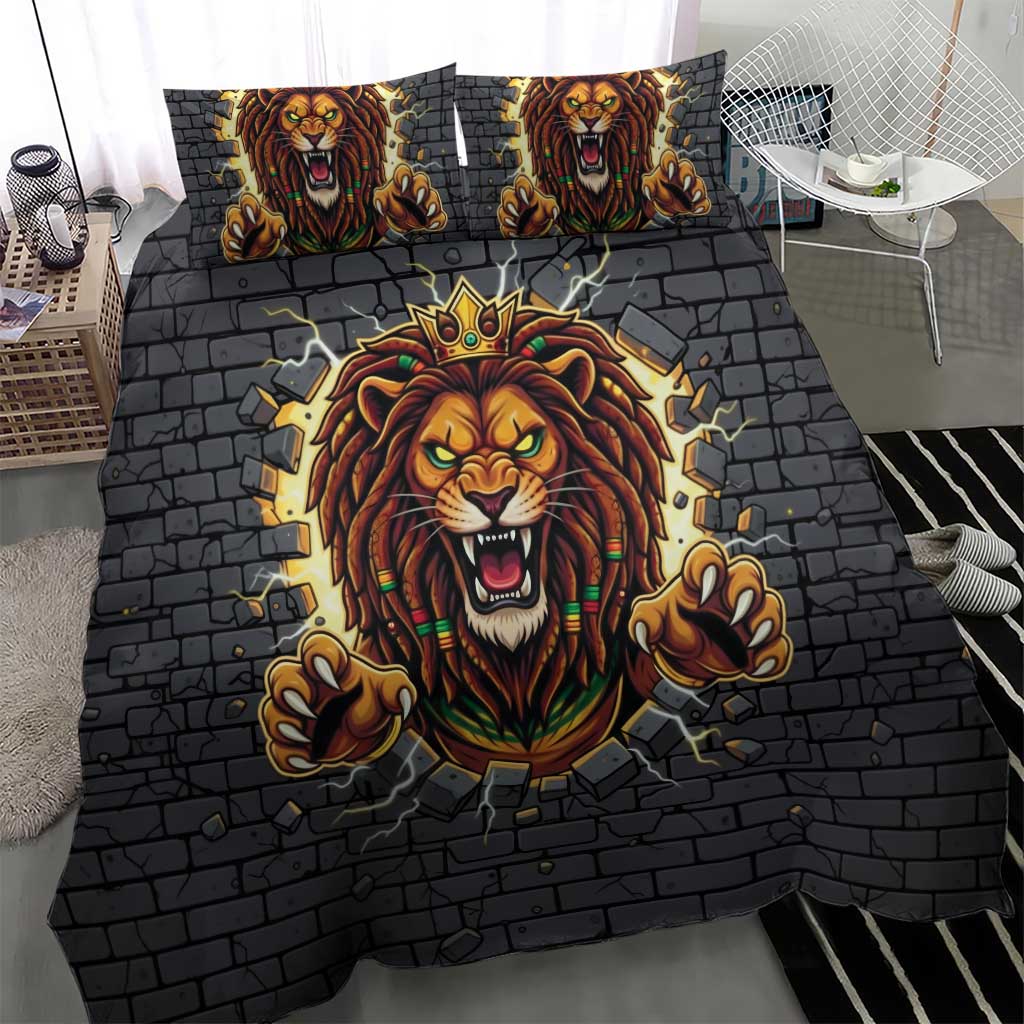 Black Jamaicans Rasta Lion Bedding Set Reggae Lion Breaking Wall Design - African Pride
