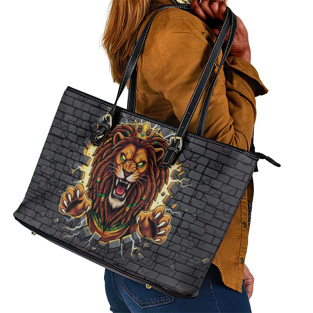 Black Jamaicans Rasta Lion Leather Tote Bag Reggae Lion Breaking Wall Design - African Pride