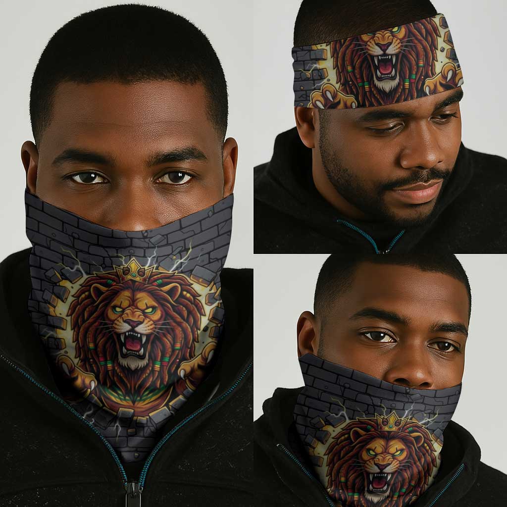 Black Jamaicans Rasta Lion Neck Gaiter Reggae Lion Breaking Wall Design - African Pride