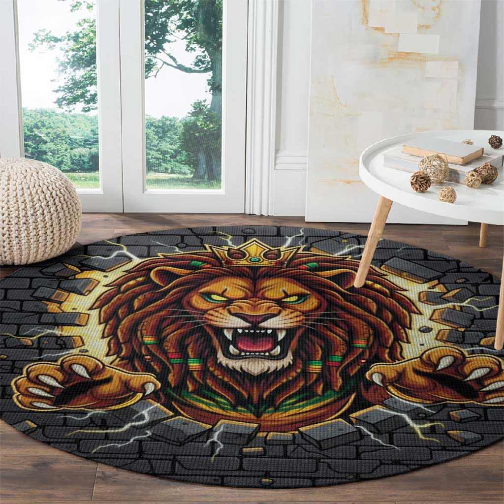 Black Jamaicans Rasta Lion Round Carpet Reggae Lion Breaking Wall Design - African Pride