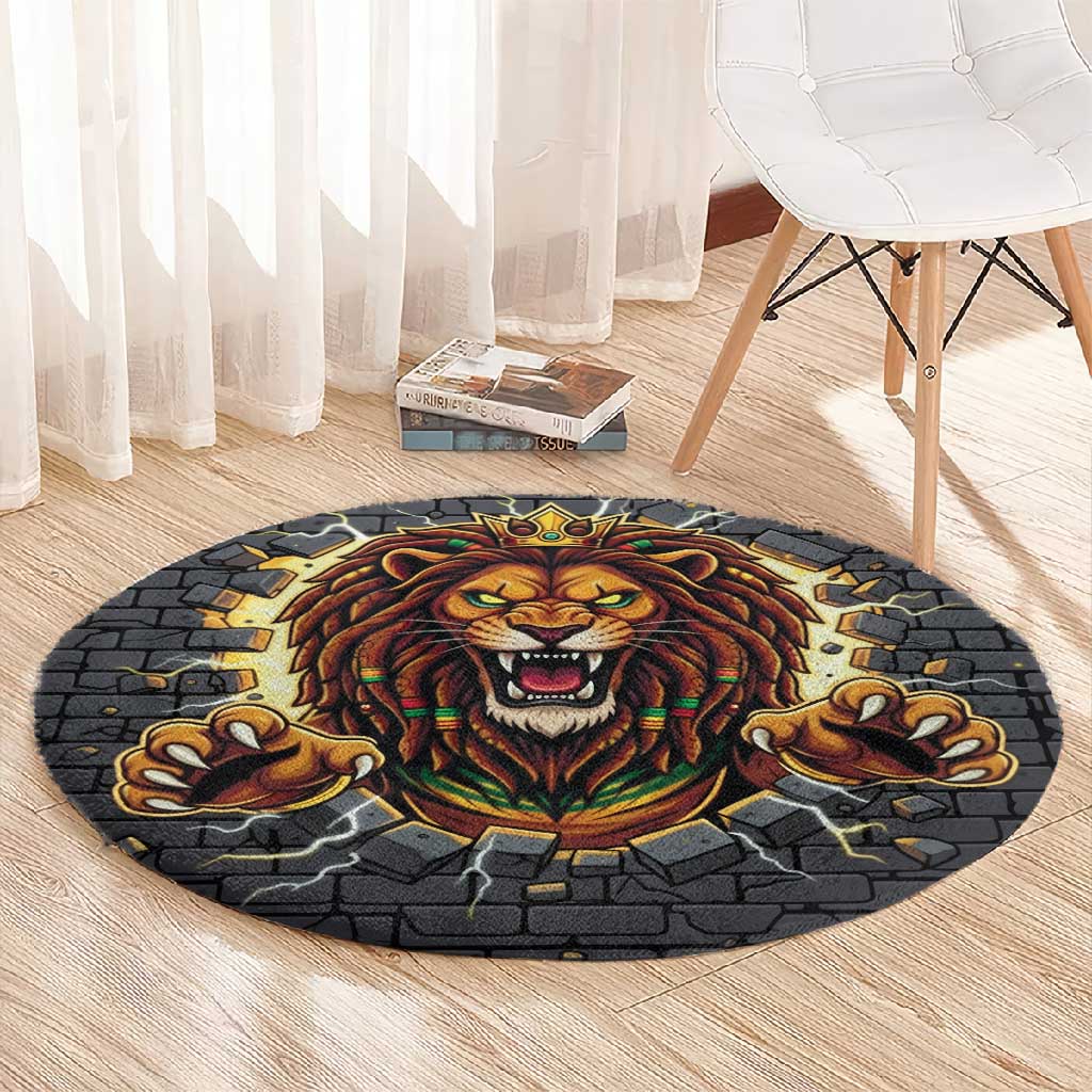 Black Jamaicans Rasta Lion Round Carpet Reggae Lion Breaking Wall Design - African Pride