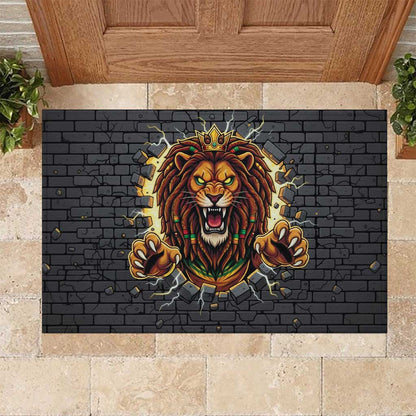Black Jamaicans Rasta Lion Rubber Doormat Reggae Lion Breaking Wall Design - African Pride