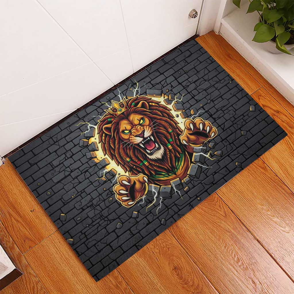 Black Jamaicans Rasta Lion Rubber Doormat Reggae Lion Breaking Wall Design - African Pride