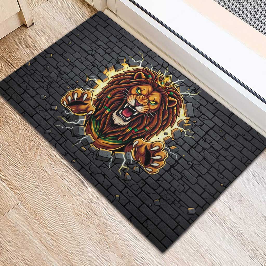 Black Jamaicans Rasta Lion Rubber Doormat Reggae Lion Breaking Wall Design - African Pride