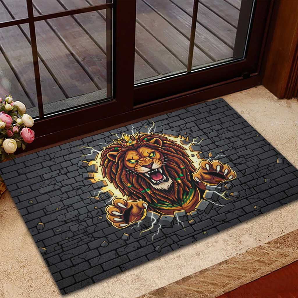 Black Jamaicans Rasta Lion Rubber Doormat Reggae Lion Breaking Wall Design - African Pride