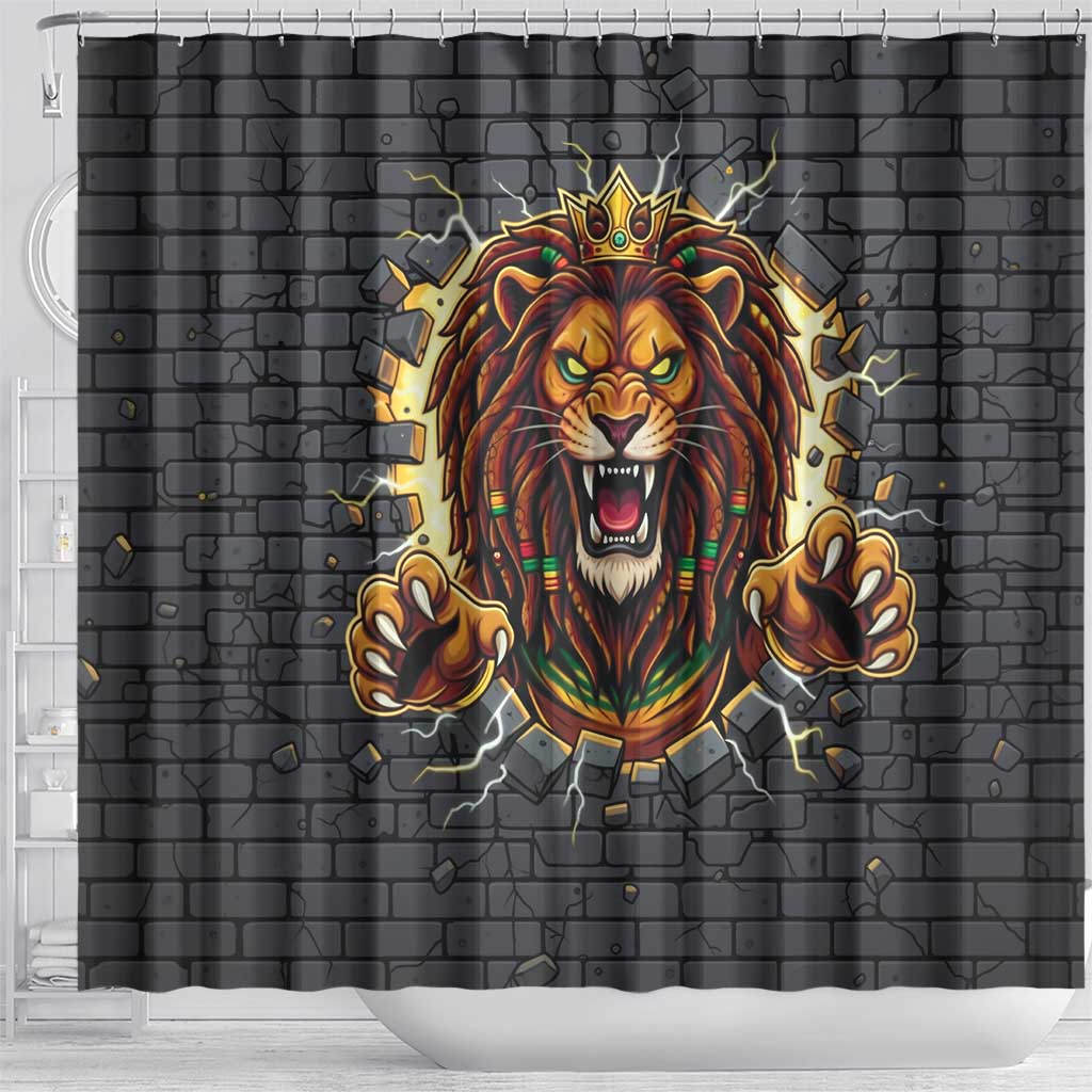 Black Jamaicans Rasta Lion Shower Curtain Reggae Lion Breaking Wall Design - African Pride