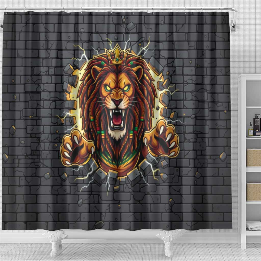 Black Jamaicans Rasta Lion Shower Curtain Reggae Lion Breaking Wall Design - African Pride