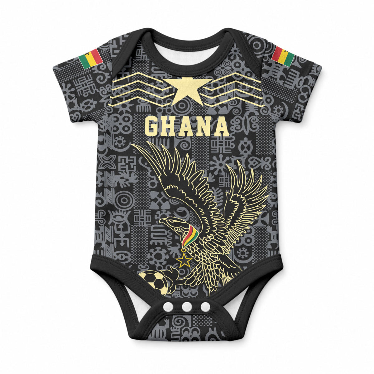 Custom World Football 2026 Ghana Baby Onesie Black Stars Rise with Black Adinkra Pattern