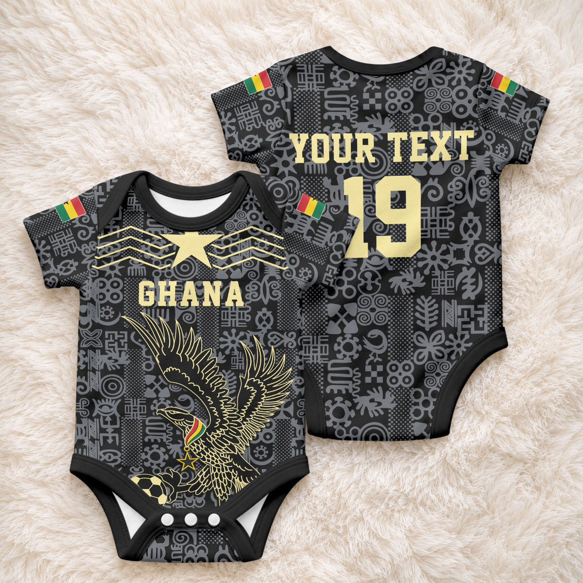 Custom World Football 2026 Ghana Baby Onesie Black Stars Rise with Black Adinkra Pattern