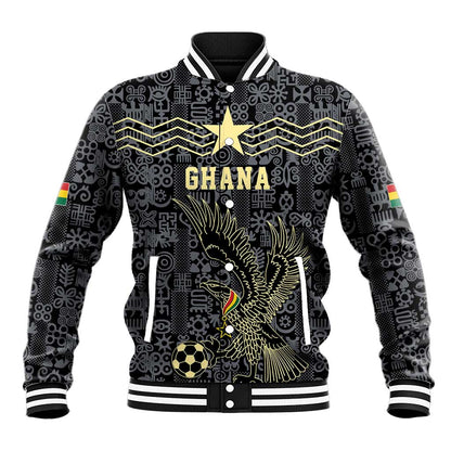 Custom World Football 2026 Ghana Baseball Jacket Black Stars Rise with Black Adinkra Pattern