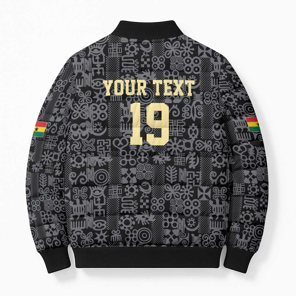 Custom World Football 2026 Ghana Bomber Puffer Jacket Black Stars Rise with Black Adinkra Pattern