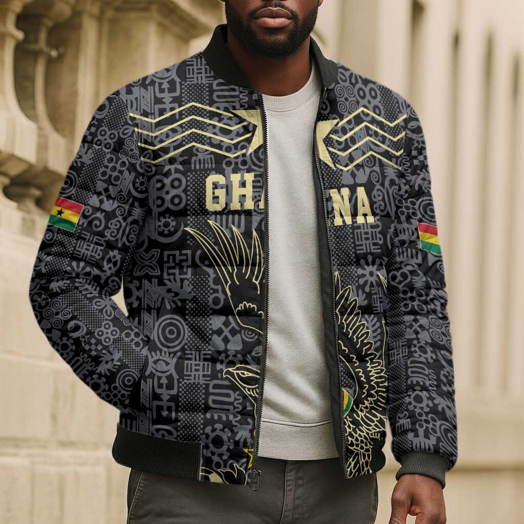 Custom World Football 2026 Ghana Bomber Puffer Jacket Black Stars Rise with Black Adinkra Pattern